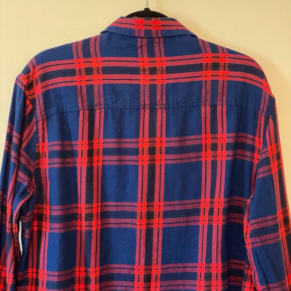 H&M L 100% cotton casual button down t-shirt blue red plaid corpcore work - Picture 6 of 7